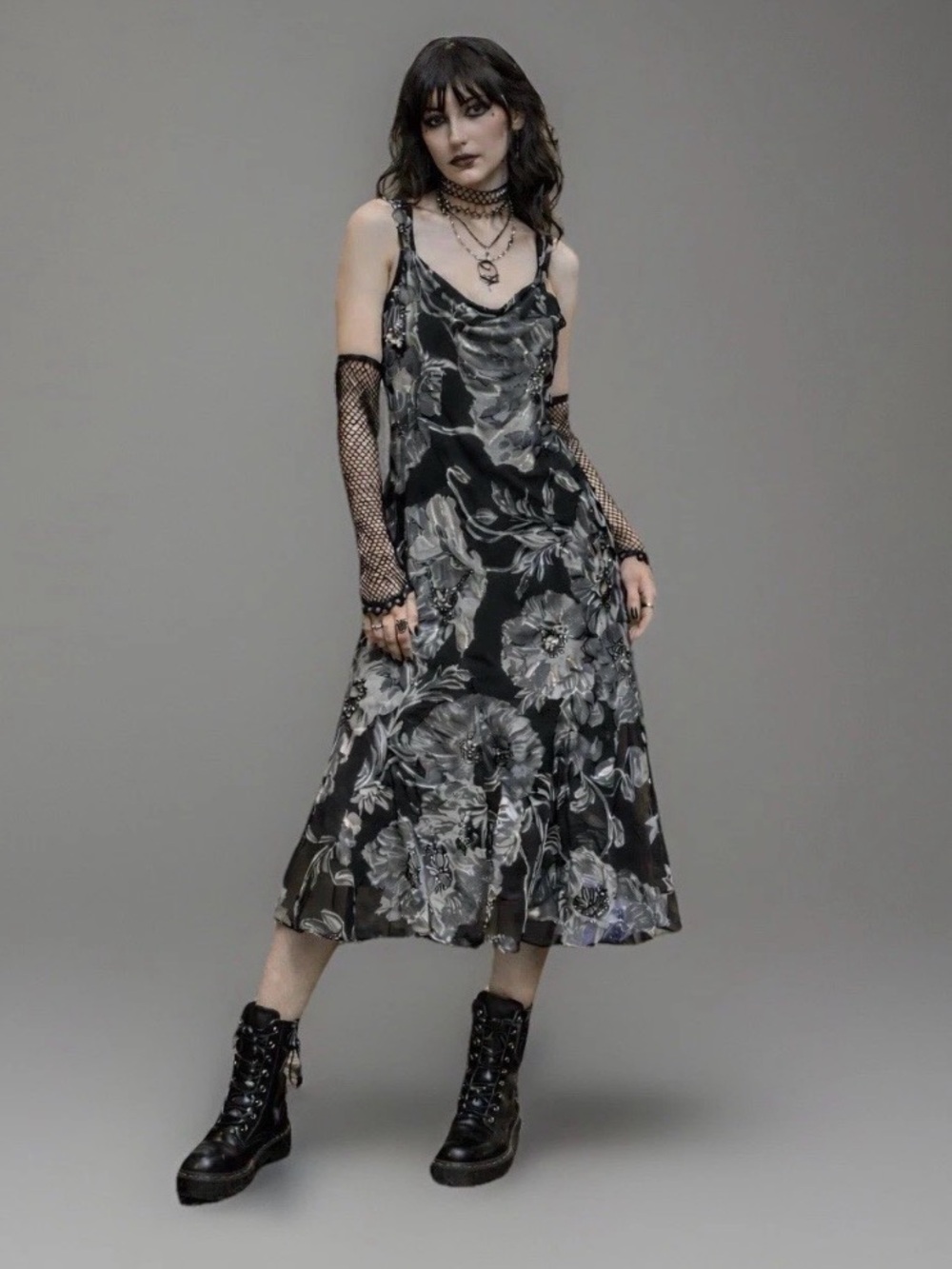 Black Floral Cowl Neck Slip Dress